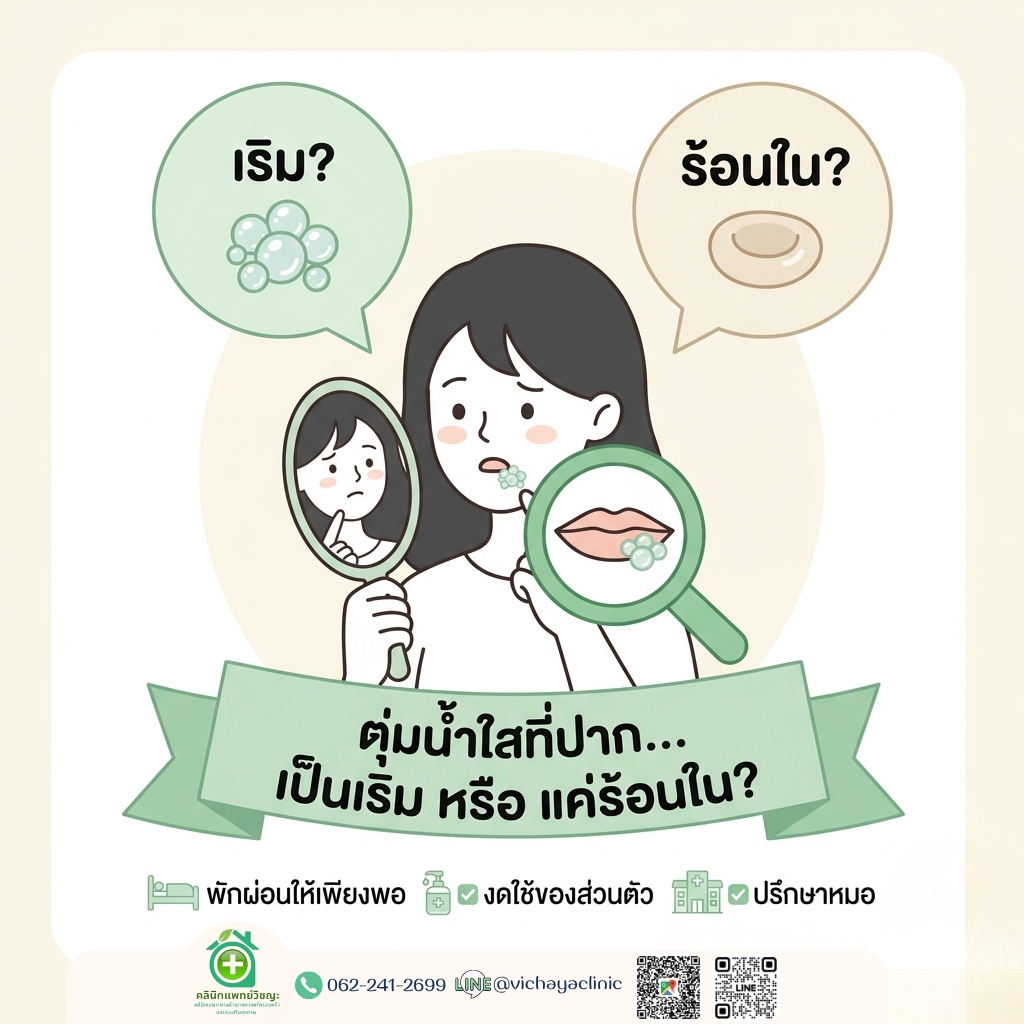 อินโฟกราฟิกเปรียบเทียบตุ่มน้ำใสที่ปาก เป็นเริม หรือ แค่ร้อนใน คลินิกแพทย์วิชญะ หาดใหญ่ แนะนำการดูแล พักผ่อนให้เพียงพอ งดใช้ของส่วนตัว